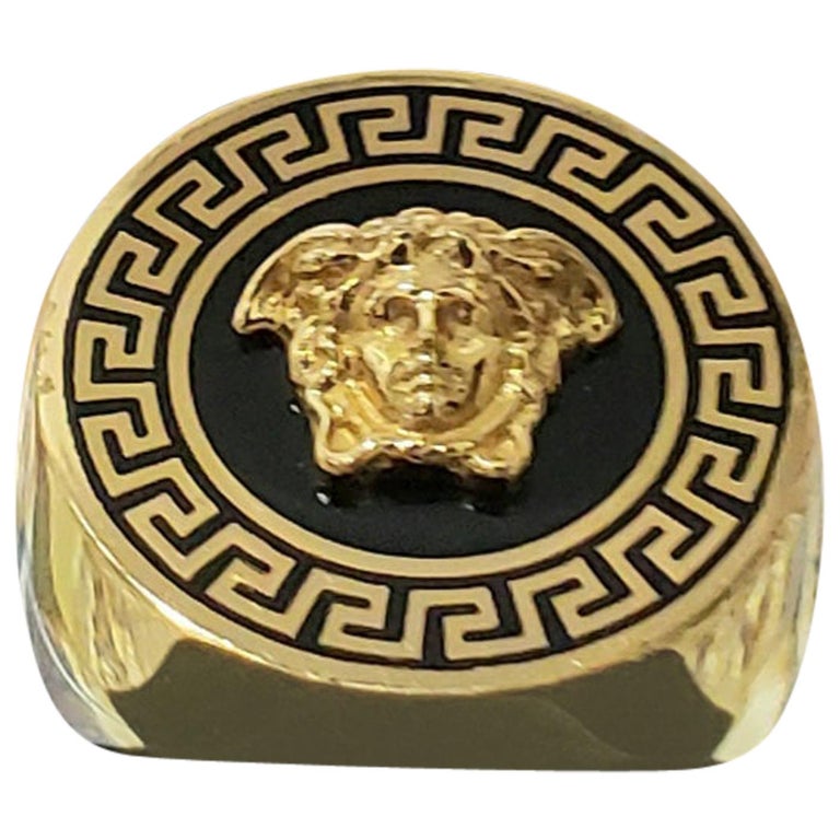VERSACE 24K PLATED GOLD MEDUSA BLACK GREEK INSERTS RING size 9.5 at 1stDibs  | versace medusa ring, versace gold ring 18k