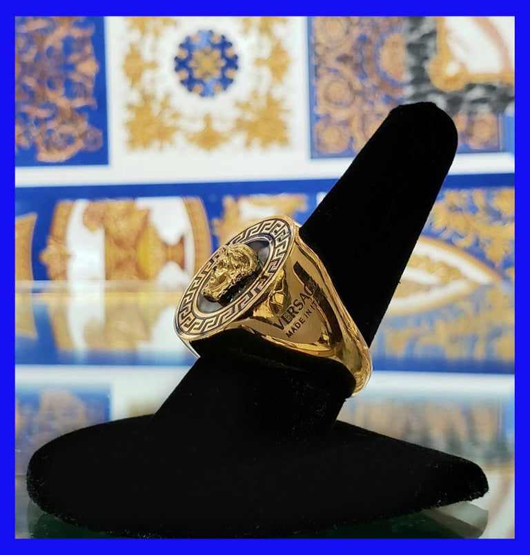 VERSACE 24K PLATED GOLD MEDUSA BLACK GREEK INSERTS RING size 9.5 at 1stDibs  | versace gold ring 18k, versace medusa ring, black versace ring