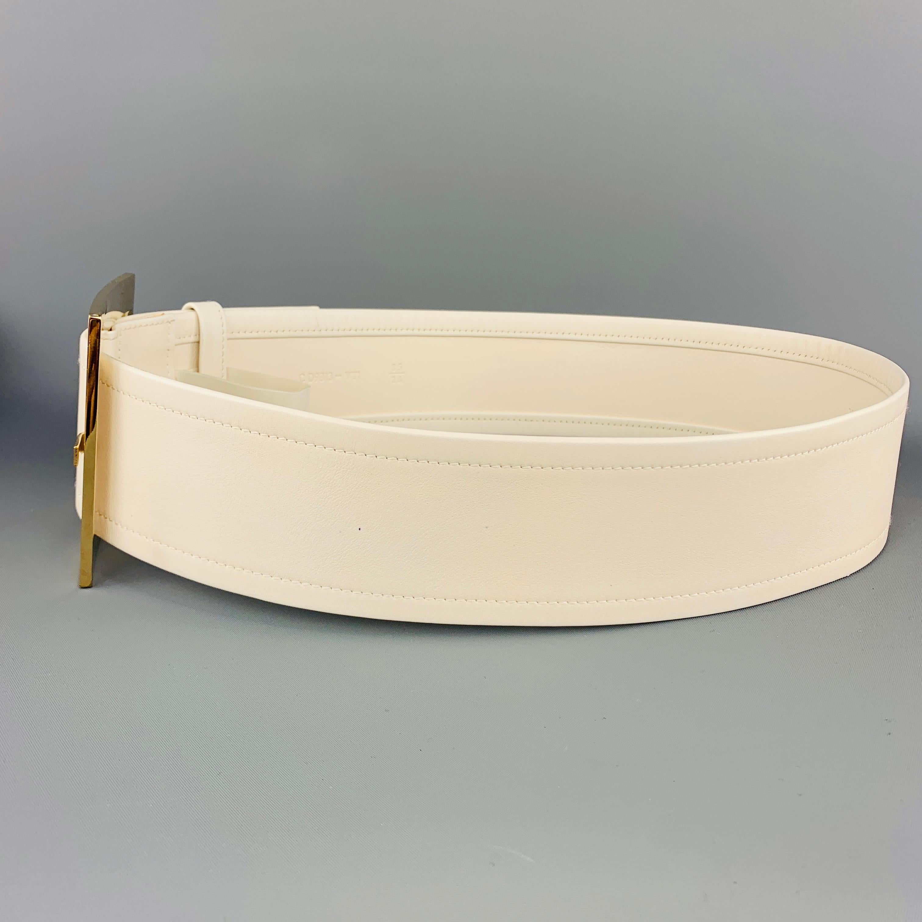 White VERSACE 34 Cream Leather Gold Tone Enamel Square Buckle Belt