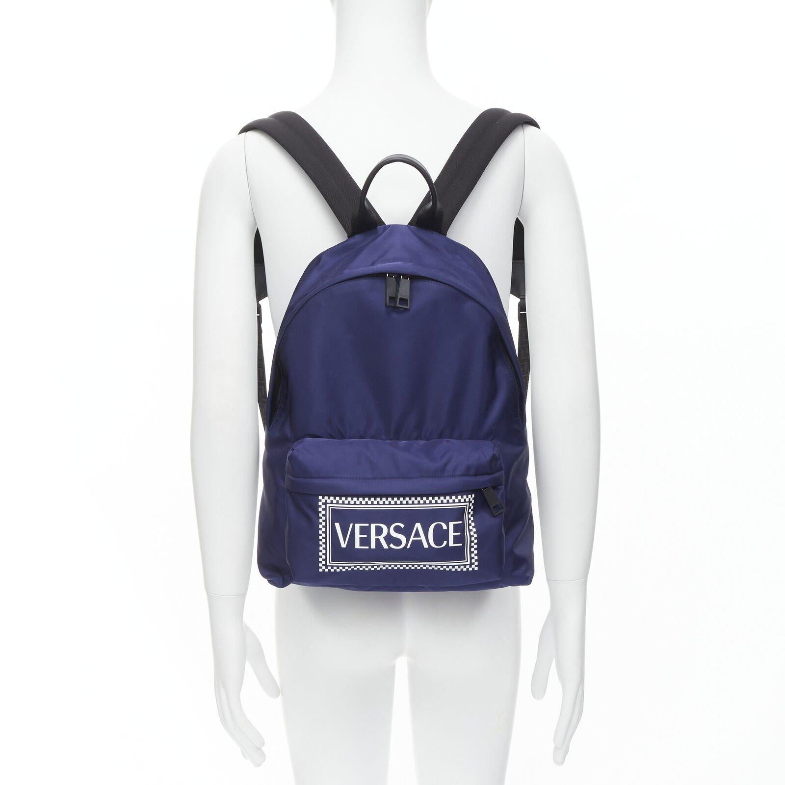 Blue VERSACE 90's Box Logo navy blue nylon Greca strap backpack For Sale