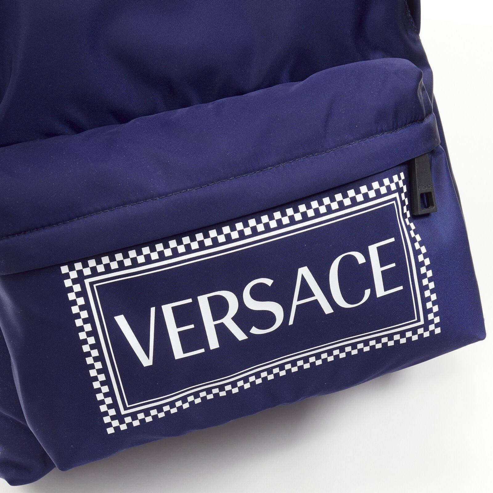VERSACE 90's Box Logo navy blue nylon Greca strap backpack For Sale 3