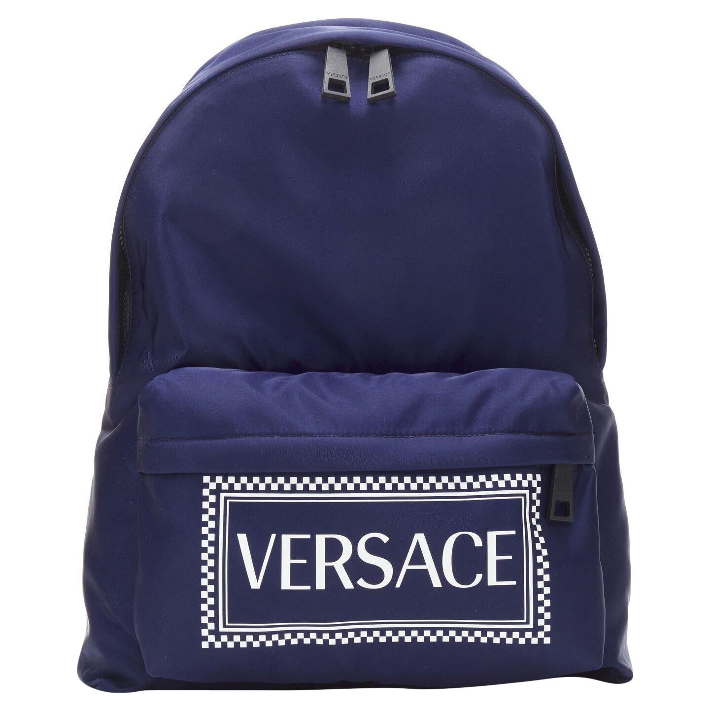 VERSACE 90
s Box Logo navy blue nylon Greca strap backpack