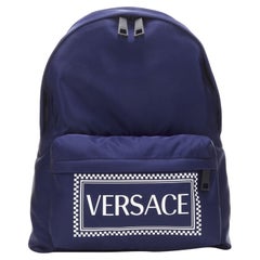 VERSACE 90
s Box Logo navy blue nylon Greca strap backpack