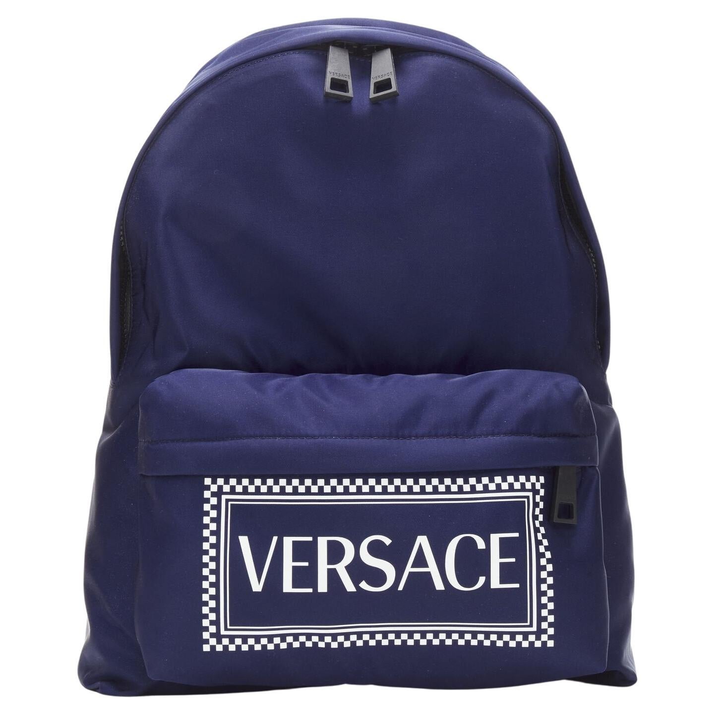 VERSACE 90's Box Logo navy blue nylon Greca strap backpack