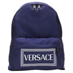 VERSACE 90's Box Logo navy blue nylon Greca strap backpack