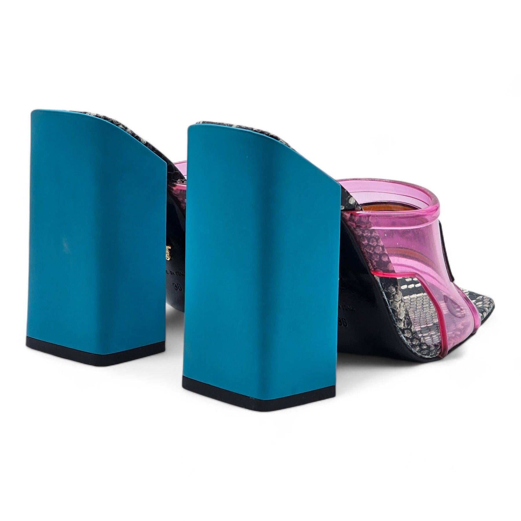 Black Versace 90's Logo Mule Heeled Sandals SS19 Runway PVC and Leather in Pink
