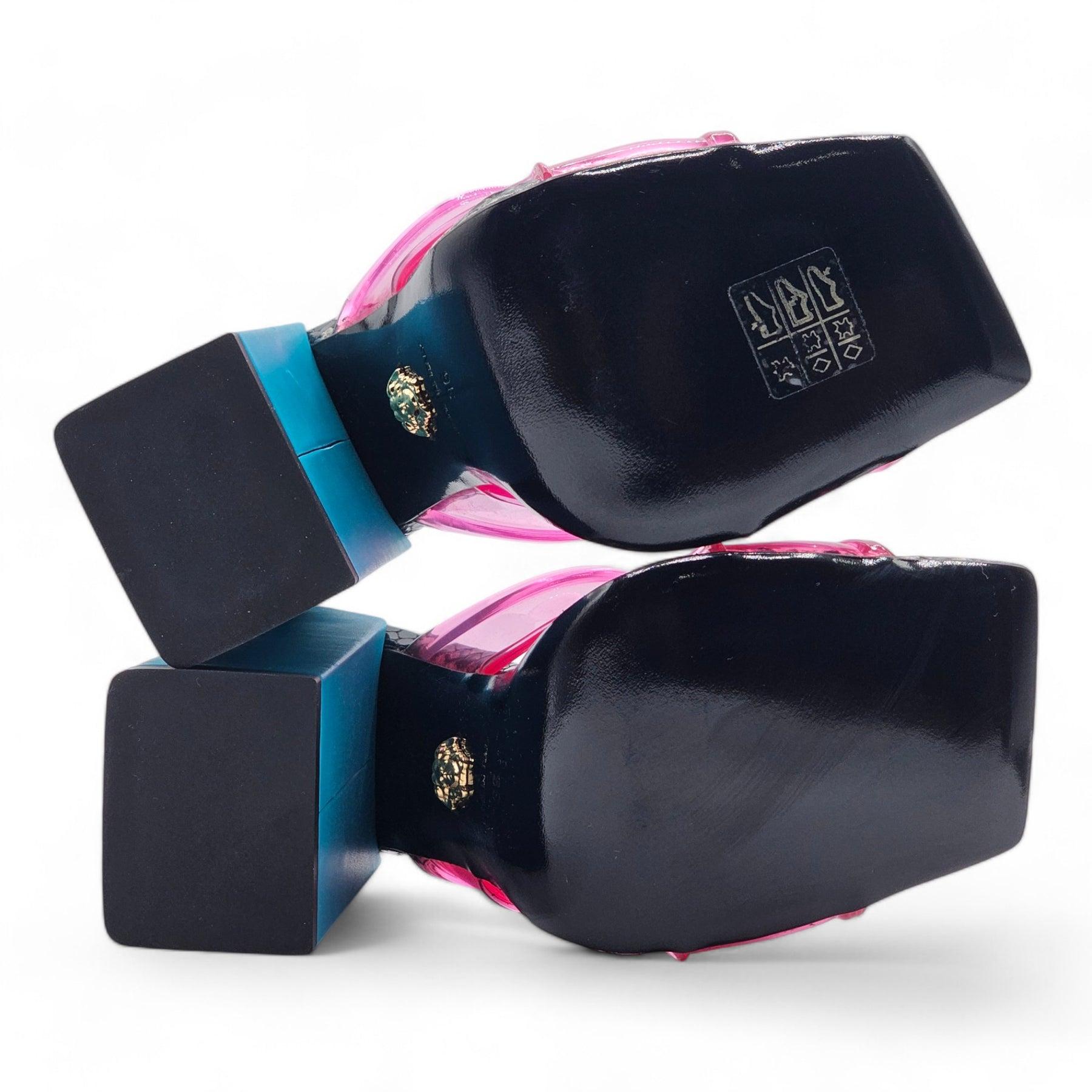 Versace 90's Logo Mule Heeled Sandals SS19 Runway PVC and Leather in Pink In New Condition In Los Angeles, CA