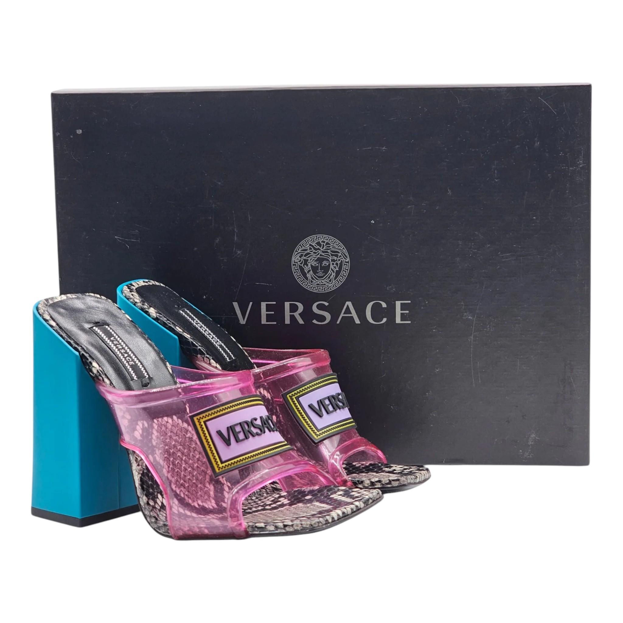 Versace 90's Logo Mule Heeled Sandals SS19 Runway PVC and Leather in Pink 1