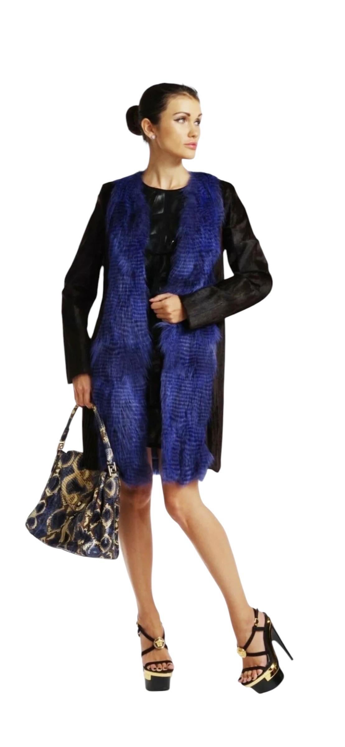 VERSACE
Fox Alpaca Kidskin Coat 
Dark Brown/Blue 
Content: 40% Goat, 30% Fox, 30% Alpaca 
lining: 100% Silk lining 
IT Size 40 - US 4
armpit to armpit 18