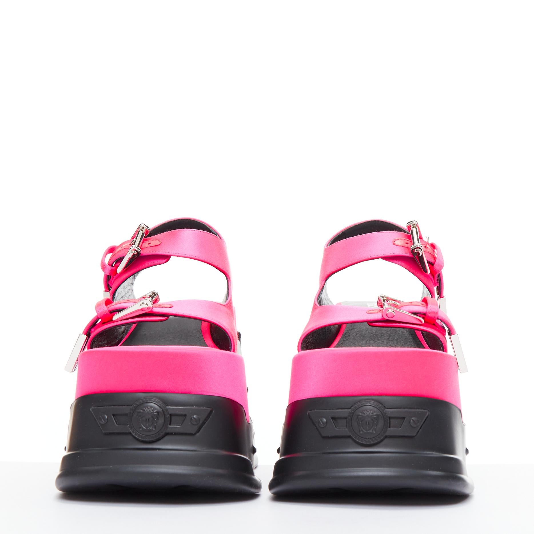 VERSACE Anthem 120 Tropical Pink fuschia satin platform chunky sandals EU38.5 In Excellent Condition For Sale In Hong Kong, NT