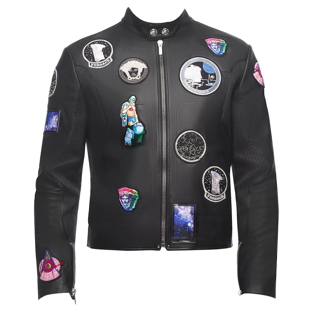 Versace Astronaut Patch Lamb Leather Biker Jacket for Men