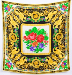Atelier Versace silk baroque frame needlepoint flower print scarf, 1980s