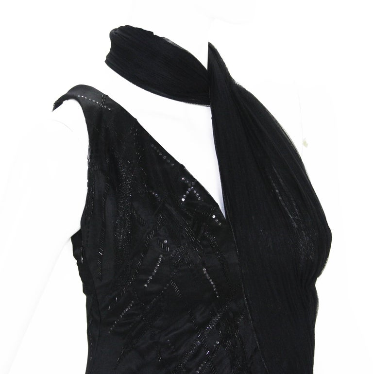 90s versace black dress Vintage Versace Atelier 90's Black Silk Embellished Tulle Open Back Dress It 42