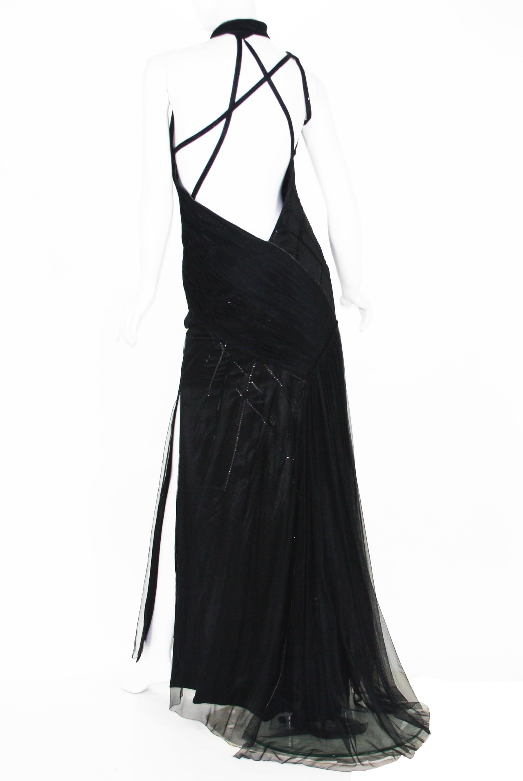 Versace Atelier 90's Schwarz Seide verschönert Tüll offen zurück Kleid Kleid  im Angebot 1