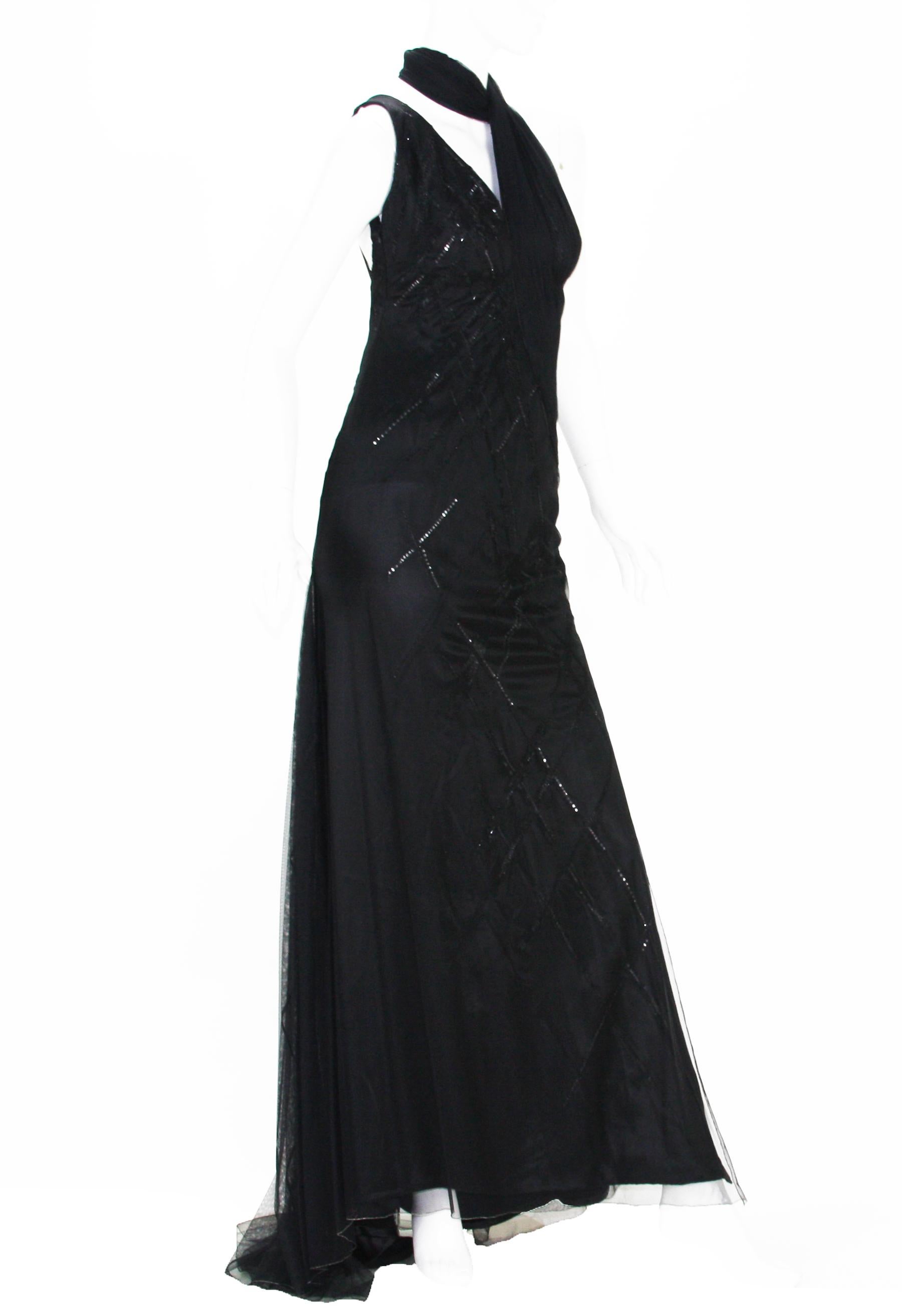 Versace Atelier 90's Black Silk Embellished Tulle Open Back Dress Gown  In Excellent Condition For Sale In Montgomery, TX