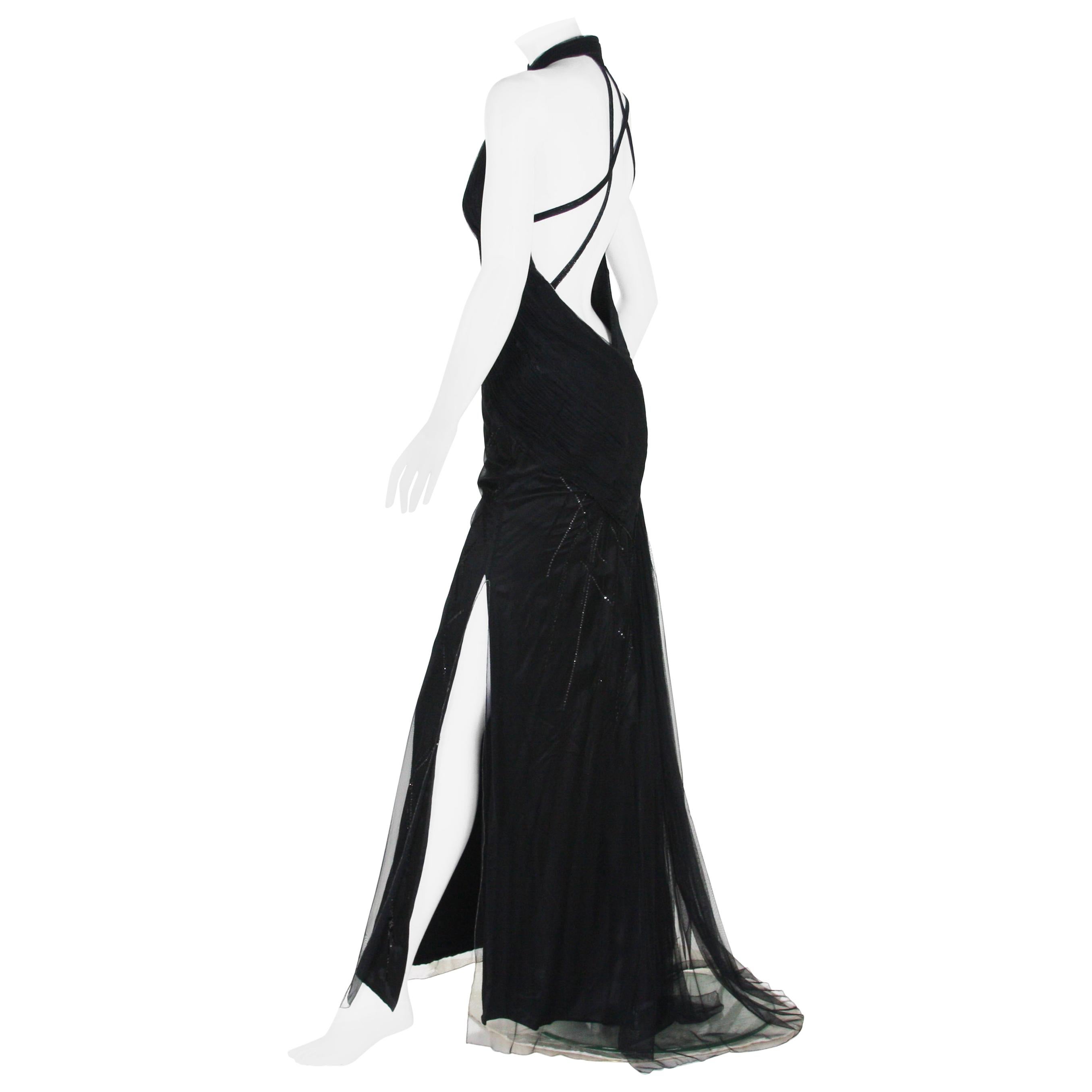Versace Atelier 90's Black Silk Embellished Tulle Open Back Dress Gown 