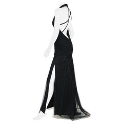 Vintage Versace Atelier 90's Black Silk Embellished Tulle Open Back Dress Gown 