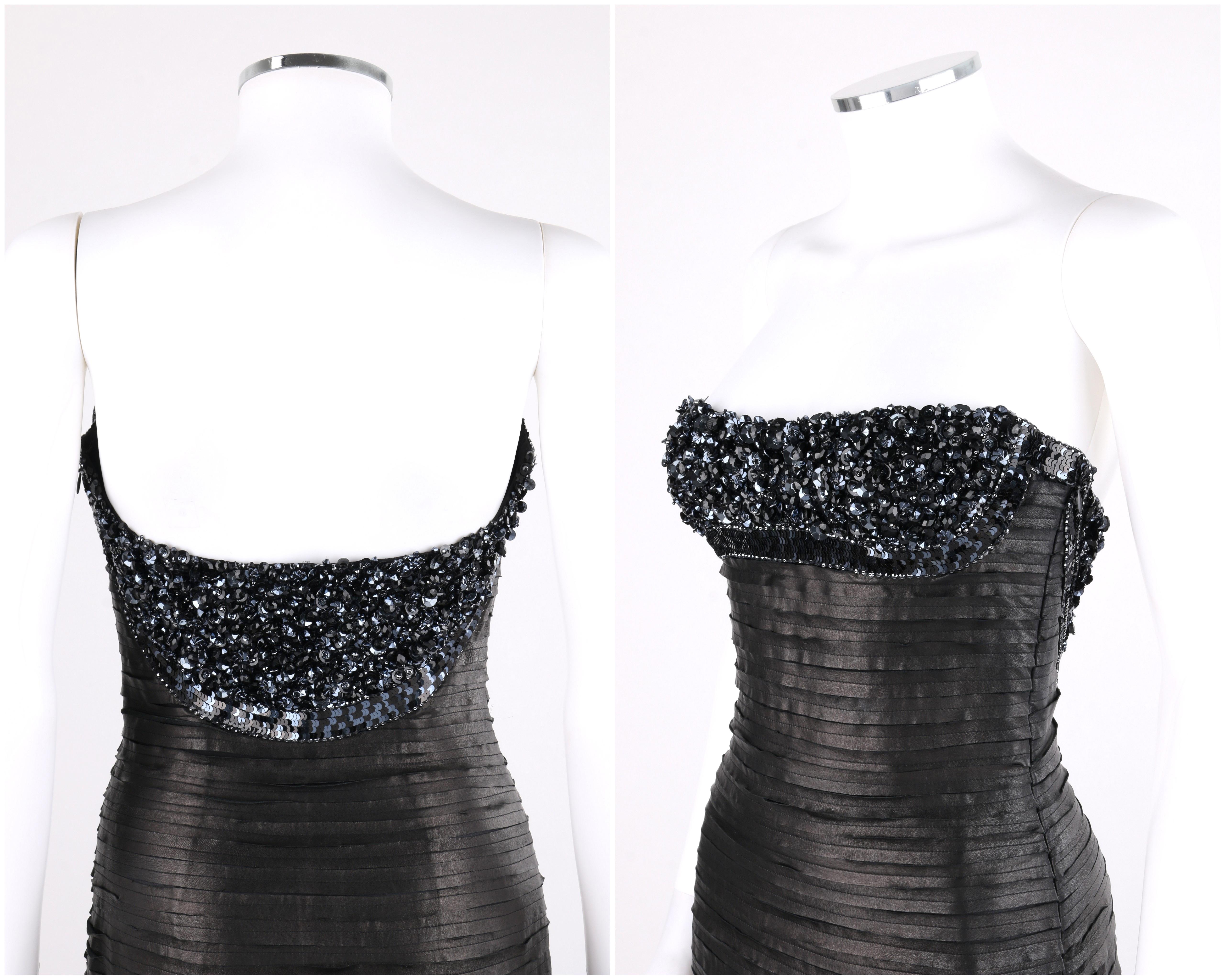 VERSACE Atelier A/W 2005 Black Leather Beaded Sequin Strapless Corset Dress  In Good Condition For Sale In Thiensville, WI
