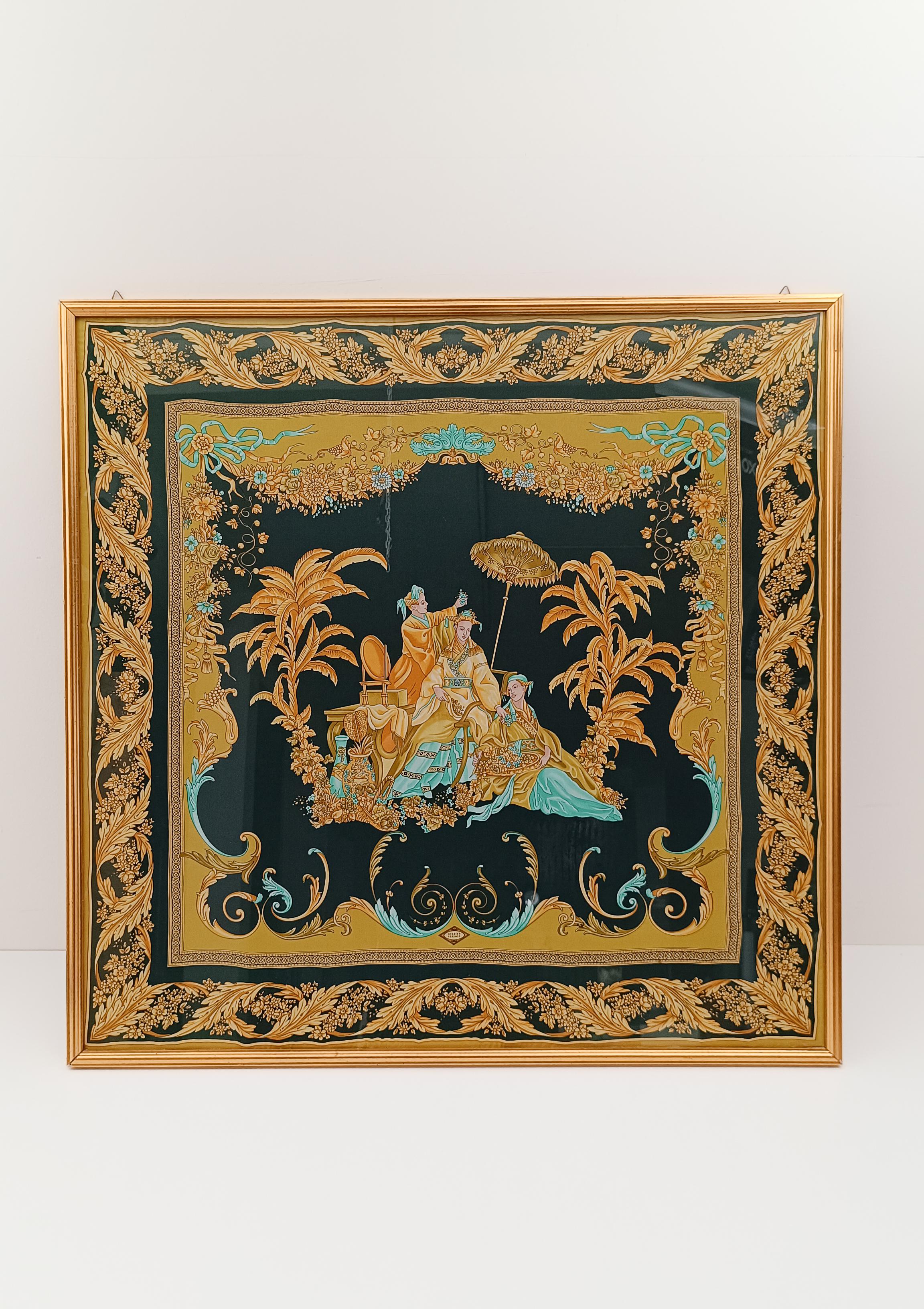Versace Atelier Gold and Black Framed Scarf with Chinoiserie Decoration, 90s For Sale 6