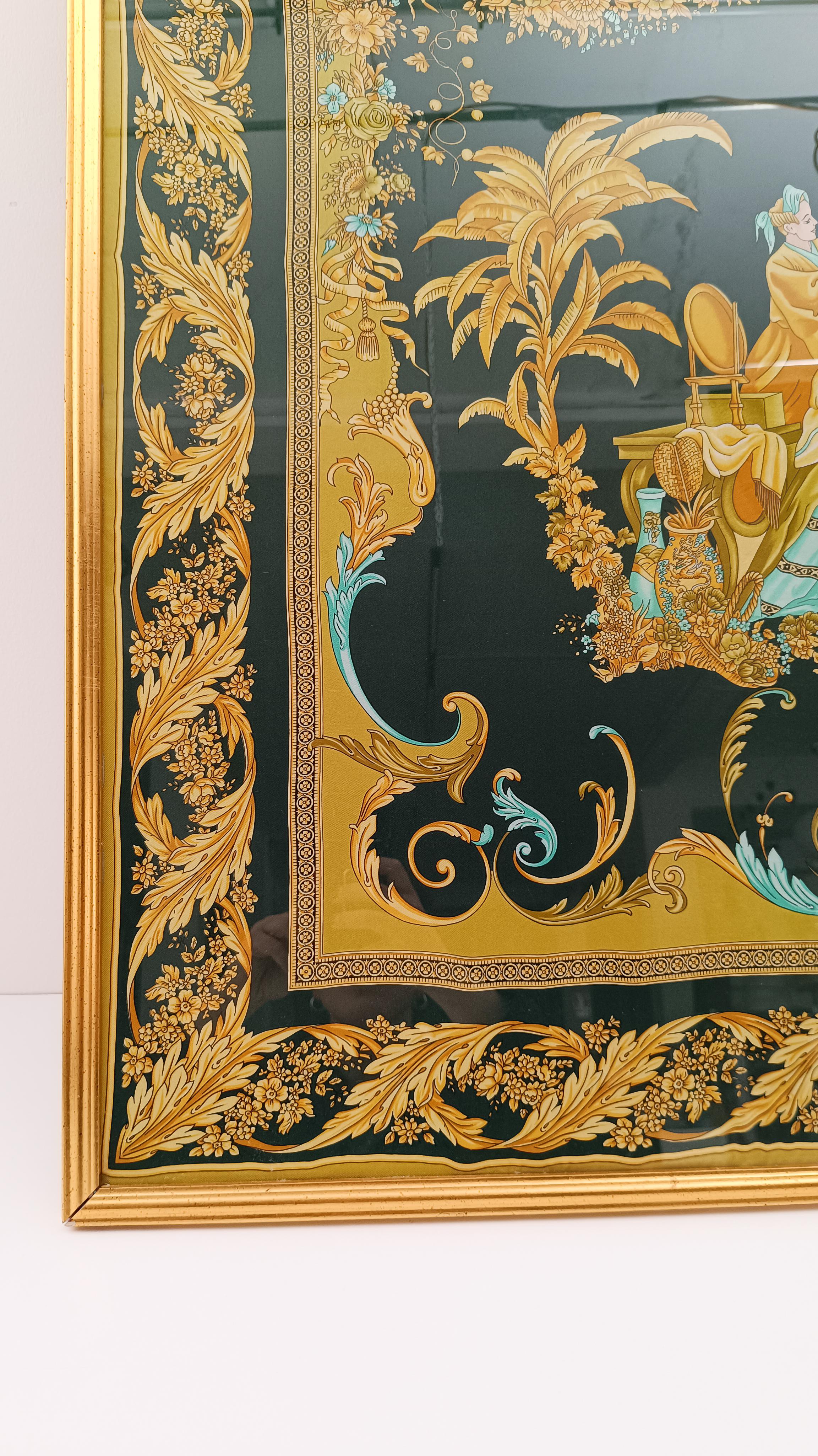 Versace Atelier Gold and Black Framed Scarf with Chinoiserie Decoration, 90s For Sale 8