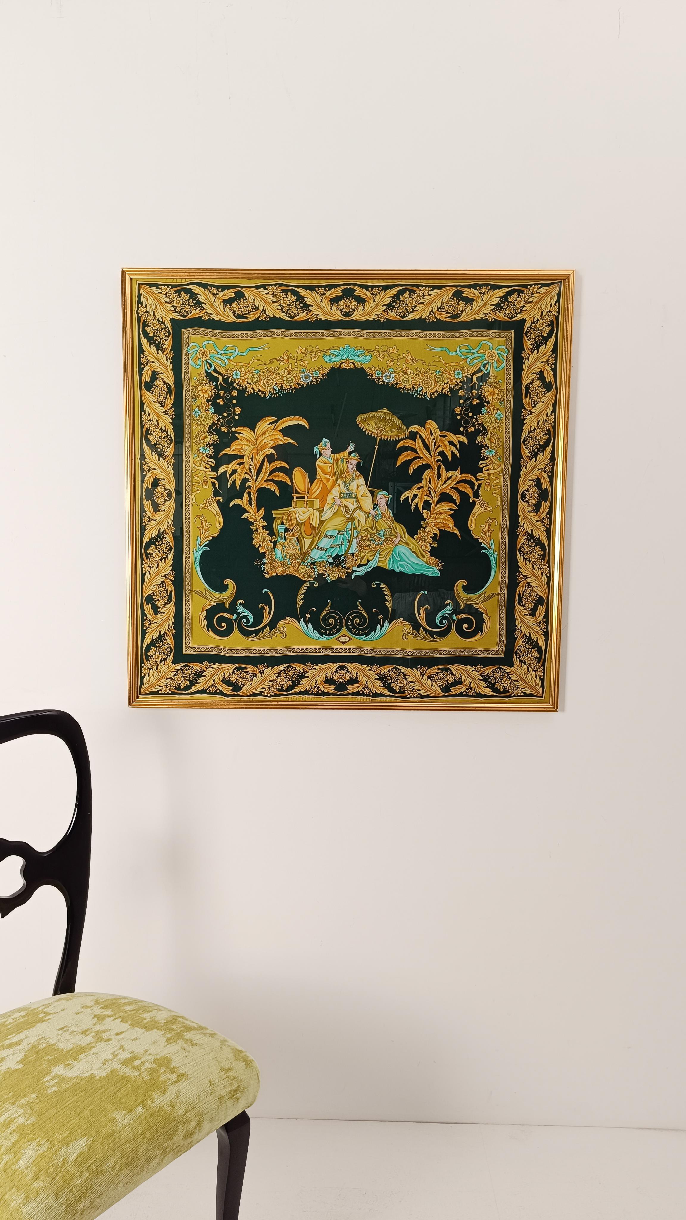 Italian Versace Atelier Gold and Black Framed Scarf with Chinoiserie Decoration, 90s For Sale