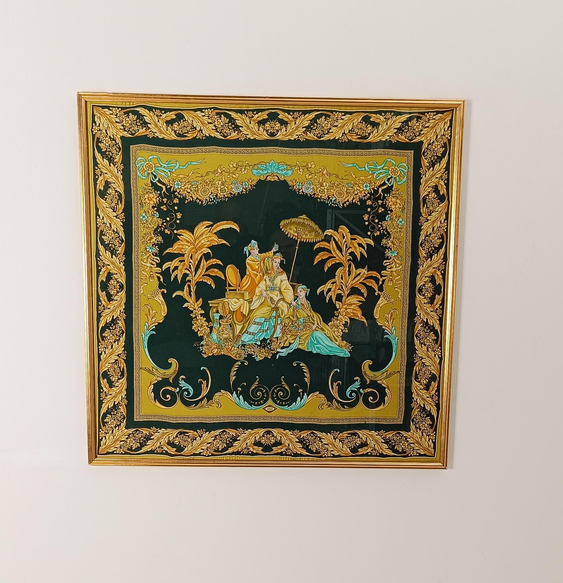 Versace Atelier Gold and Black Framed Scarf with Chinoiserie Decoration, 90s In Good Condition For Sale In Roma, IT