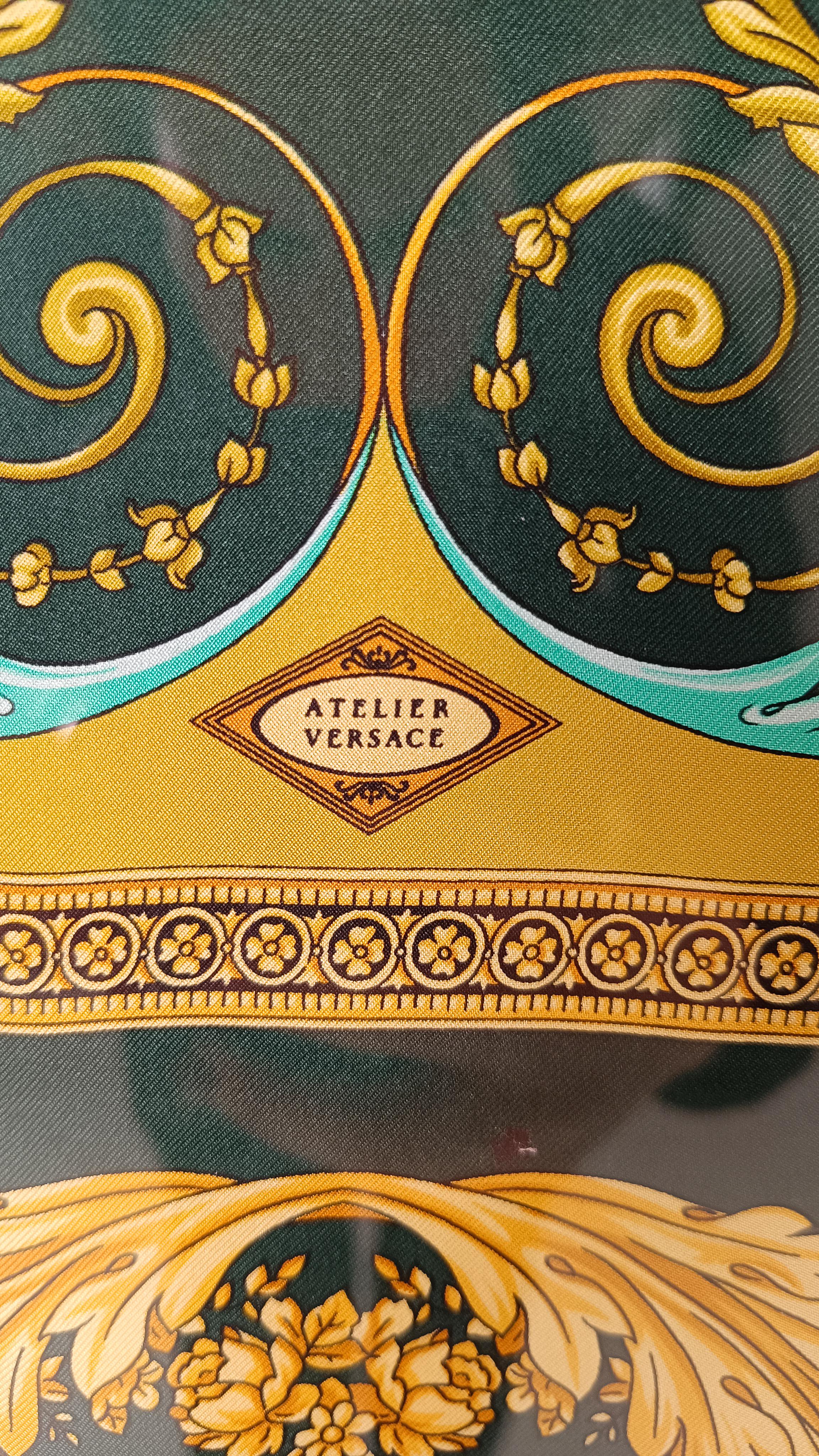Silk Versace Atelier Gold and Black Framed Scarf with Chinoiserie Decoration, 90s For Sale