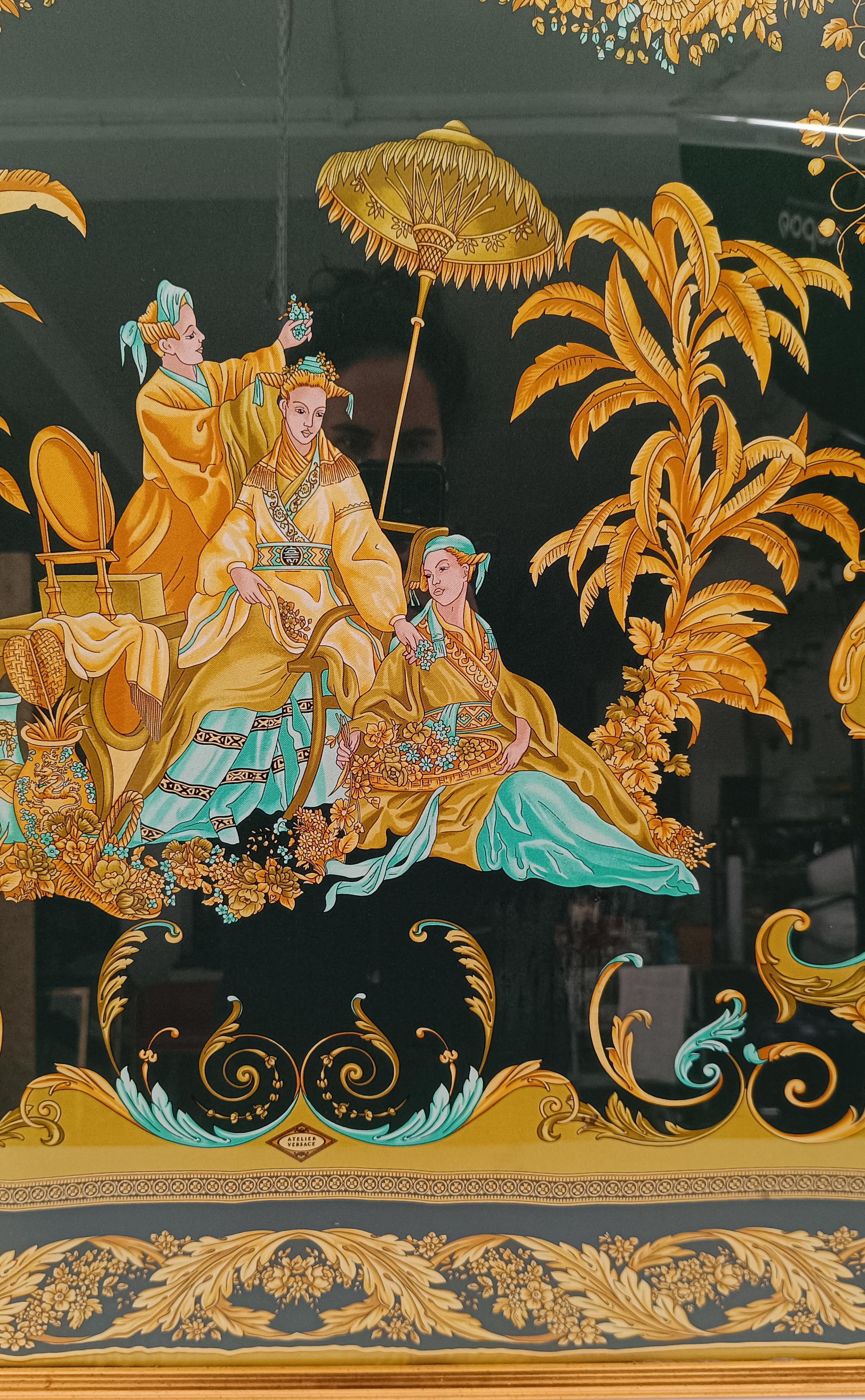 Versace Atelier Gold and Black Framed Scarf with Chinoiserie Decoration, 90s For Sale 2