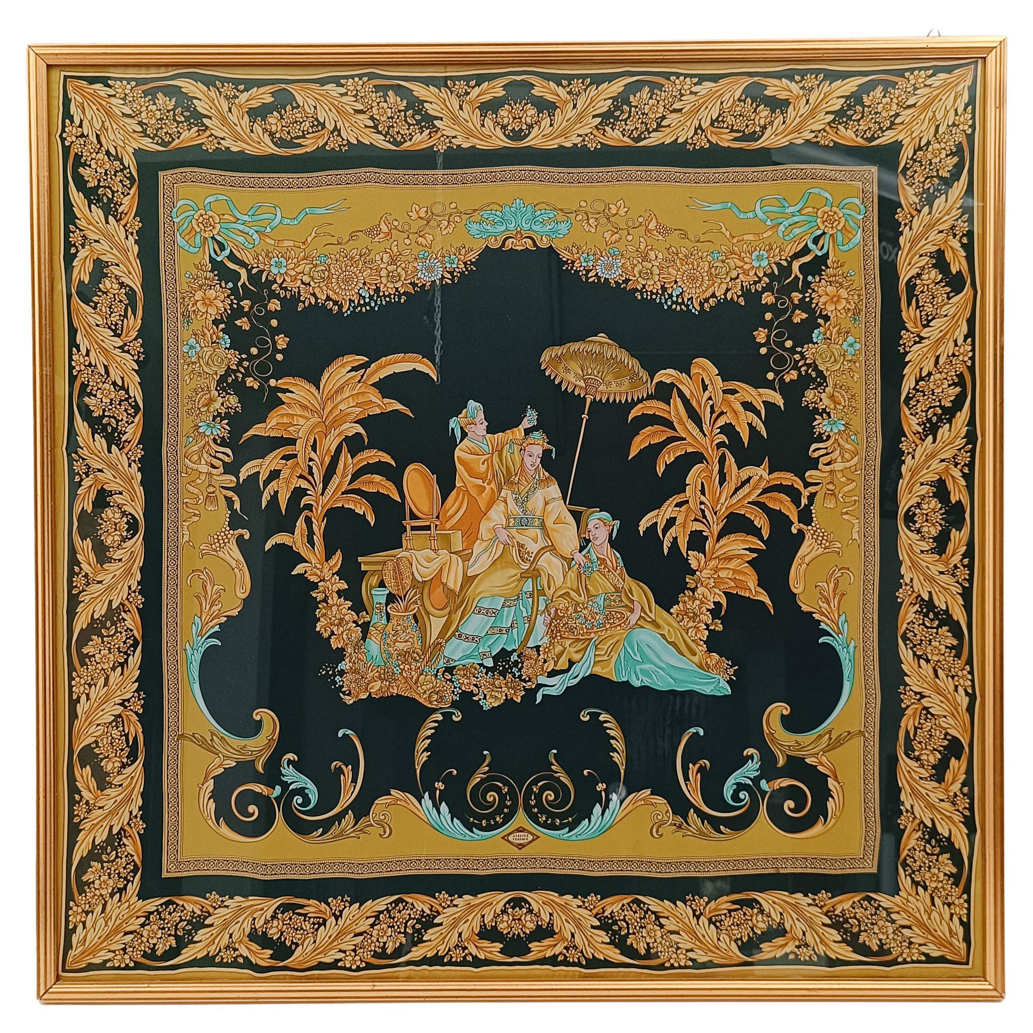 Versace Atelier Gold and Black Framed Scarf with Chinoiserie Decoration, 90s For Sale