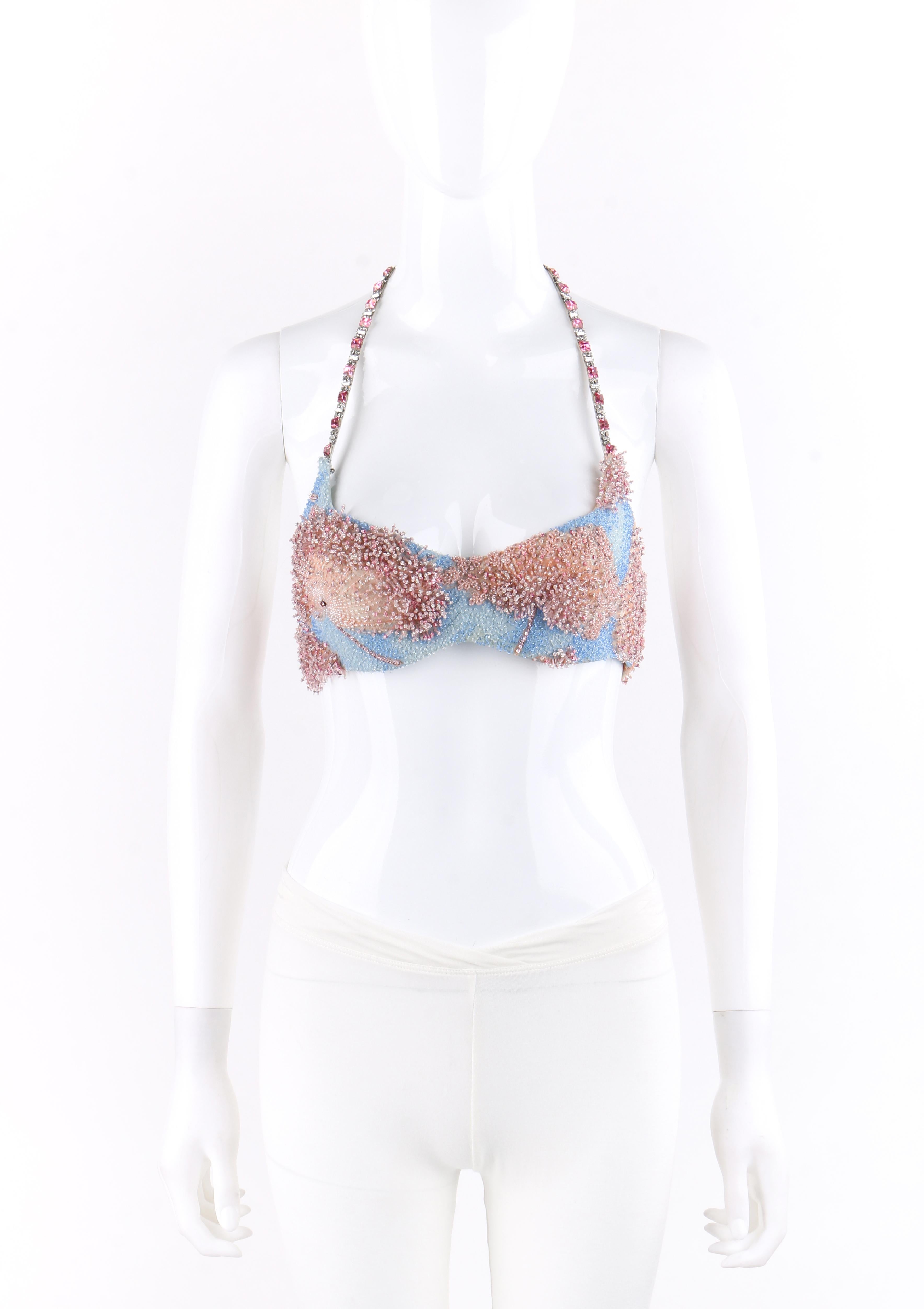 VERSACE ATELIER S/S 1992 Pink & Blue Silk Crystal Beaded Floral Halter Bra Top
  
Brand / Manufacturer: Versace Atelier
Collection: S/S 1992
Designer: Gianni Versace
Style: Bra top
Color(s): Shades of peach pink, blue
Lined: Yes
Marked Fabric
