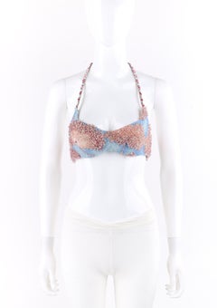 VERSACE ATELIER S/S 1992 Pink & Blue Silk Crystal Beaded Floral Halter Bra Top