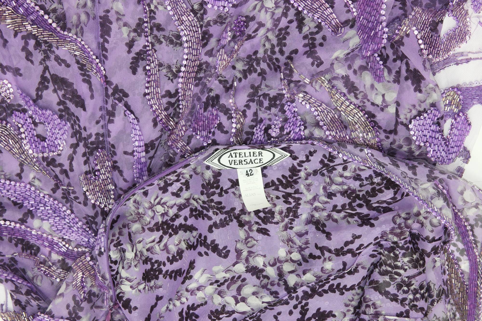 New Atelier Versace Wisteria Purple Silk Fully Beaded Dress Gown  For Sale 1