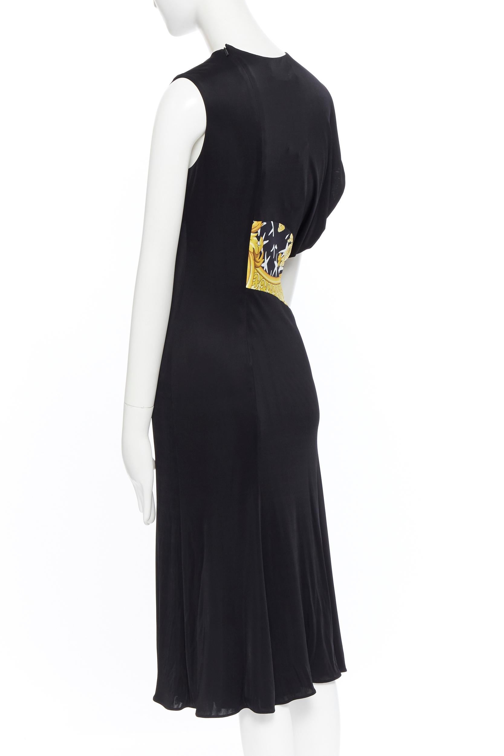 VERSACE AW19 black viscose gold baroque greca paneled draped hem dress IT40 S In Excellent Condition In Hong Kong, NT
