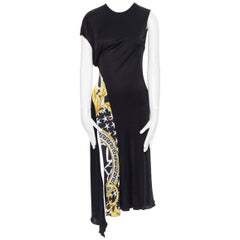 VERSACE AW19 black viscose gold baroque greca paneled draped hem dress IT40 S