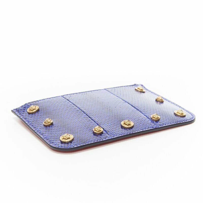 Purple VERSACE Ayers scaled leather gold Medusa stud bordered top zip pouch case For Sale