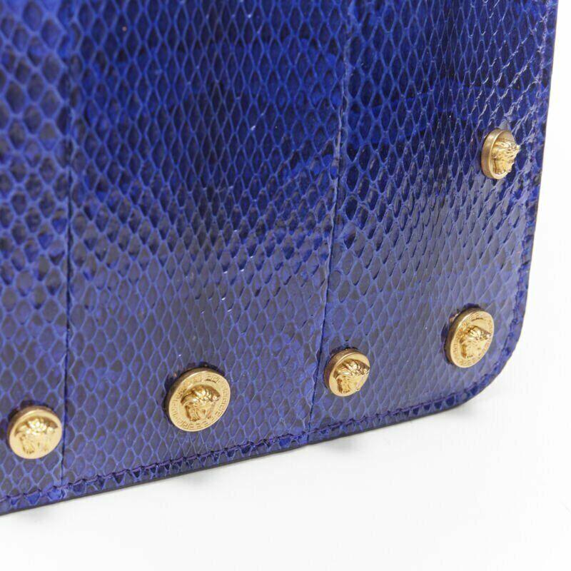 Women's VERSACE Ayers scaled leather gold Medusa stud bordered top zip pouch case For Sale