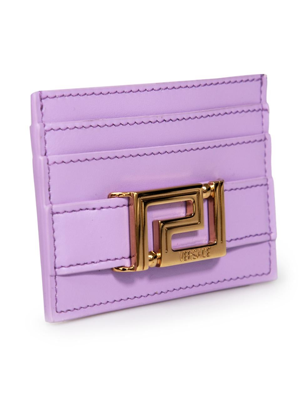 CONDITION is New with tags on this brand new Versacedesigner item. This item comes with original packaging.
 
 
 
 Details
 
 
 Model: 1007218
 
 Season: FW23
 
 Baby Violet
 
 Leather
 
 Cardholder
 
 Greca hardware
 
 4x Card slots
 
 Slip