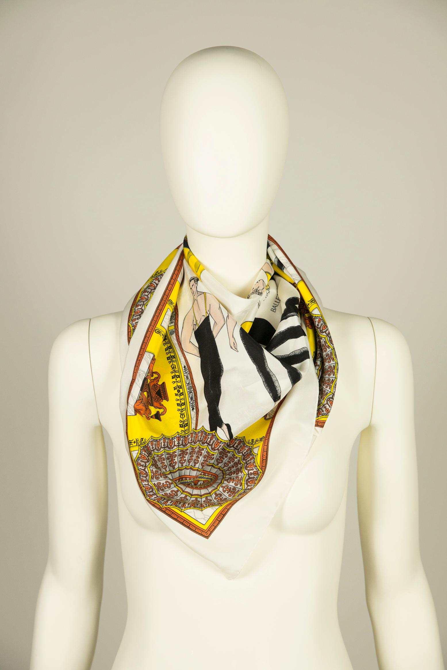 Beige Versace Balletto Printed Silk Square Scarf For Sale