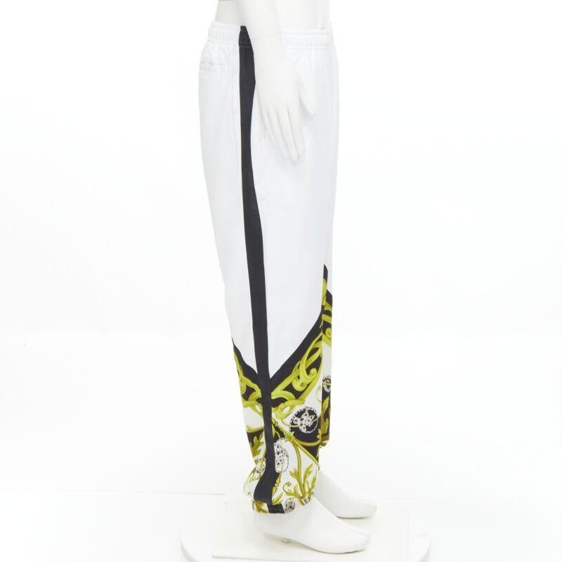 Men's VERSACE Barocco Acanthus black gold baroque white nylon track pants IT54 XXL For Sale