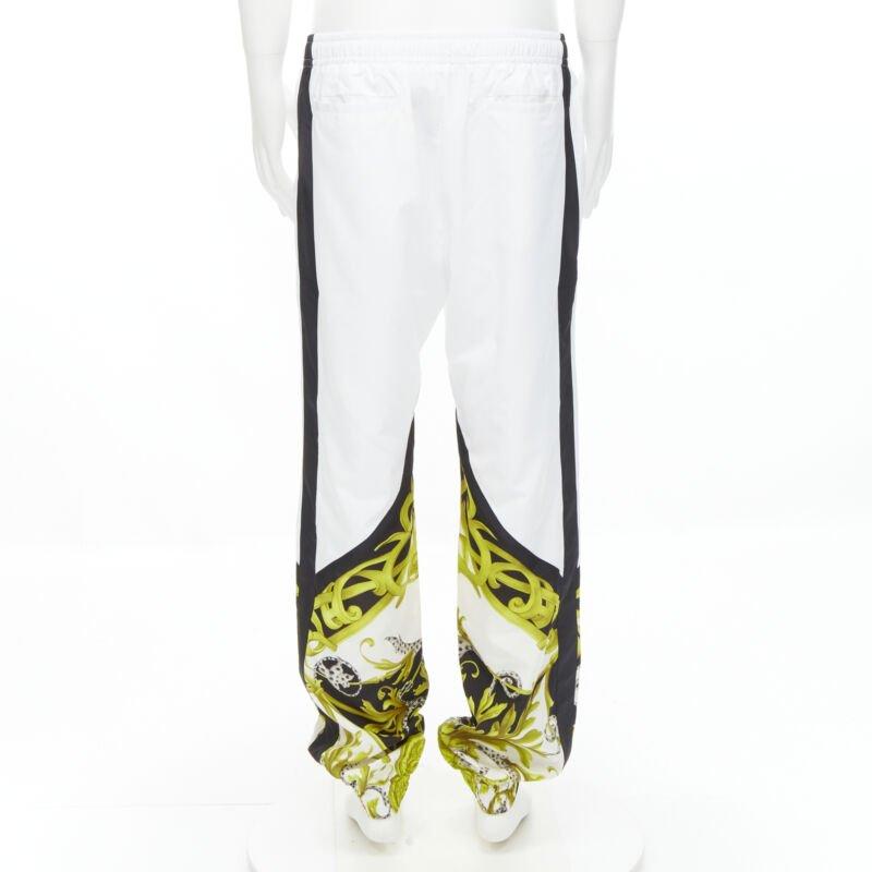 Men's VERSACE Barocco Acanthus black gold baroque white nylon track pants IT54 XXL For Sale
