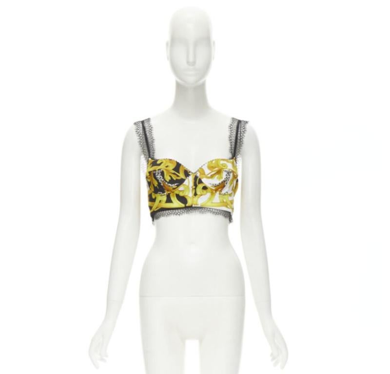 VERSACE Barocco Acanthus black gold print lace trimmed bustier bra IT38 XS For Sale 5