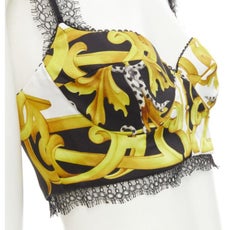 VERSACE Barocco Acanthus black gold print lace trimmed bustier bra IT38 XS