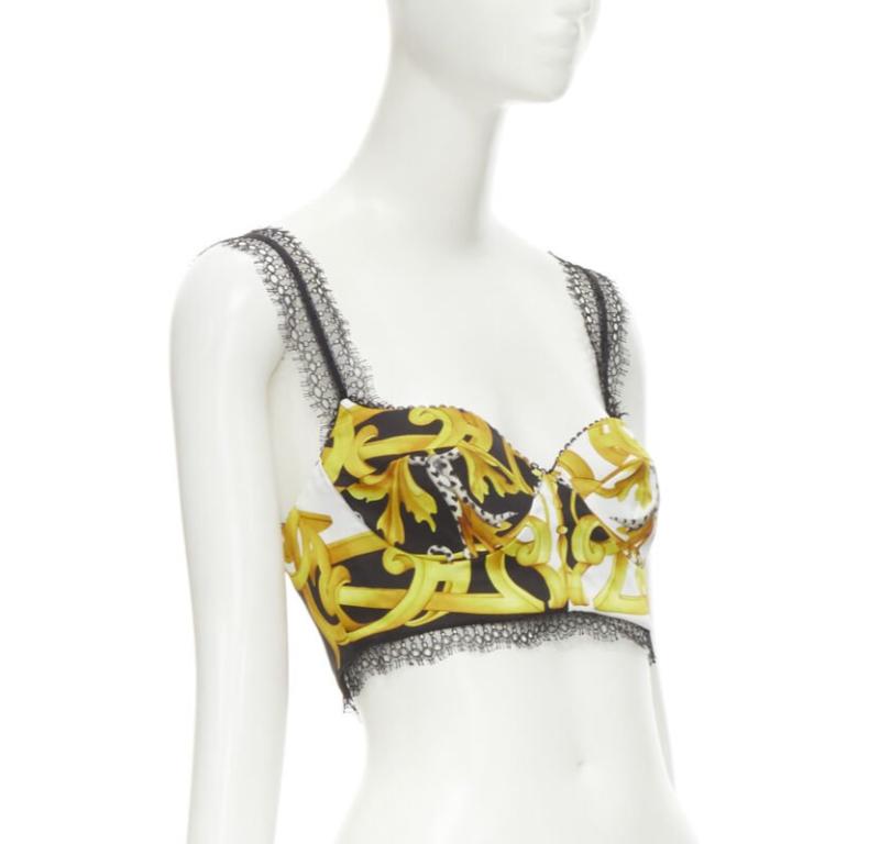 Beige VERSACE Barocco Acanthus black gold print lace trimmed bustier bra IT38 XS For Sale