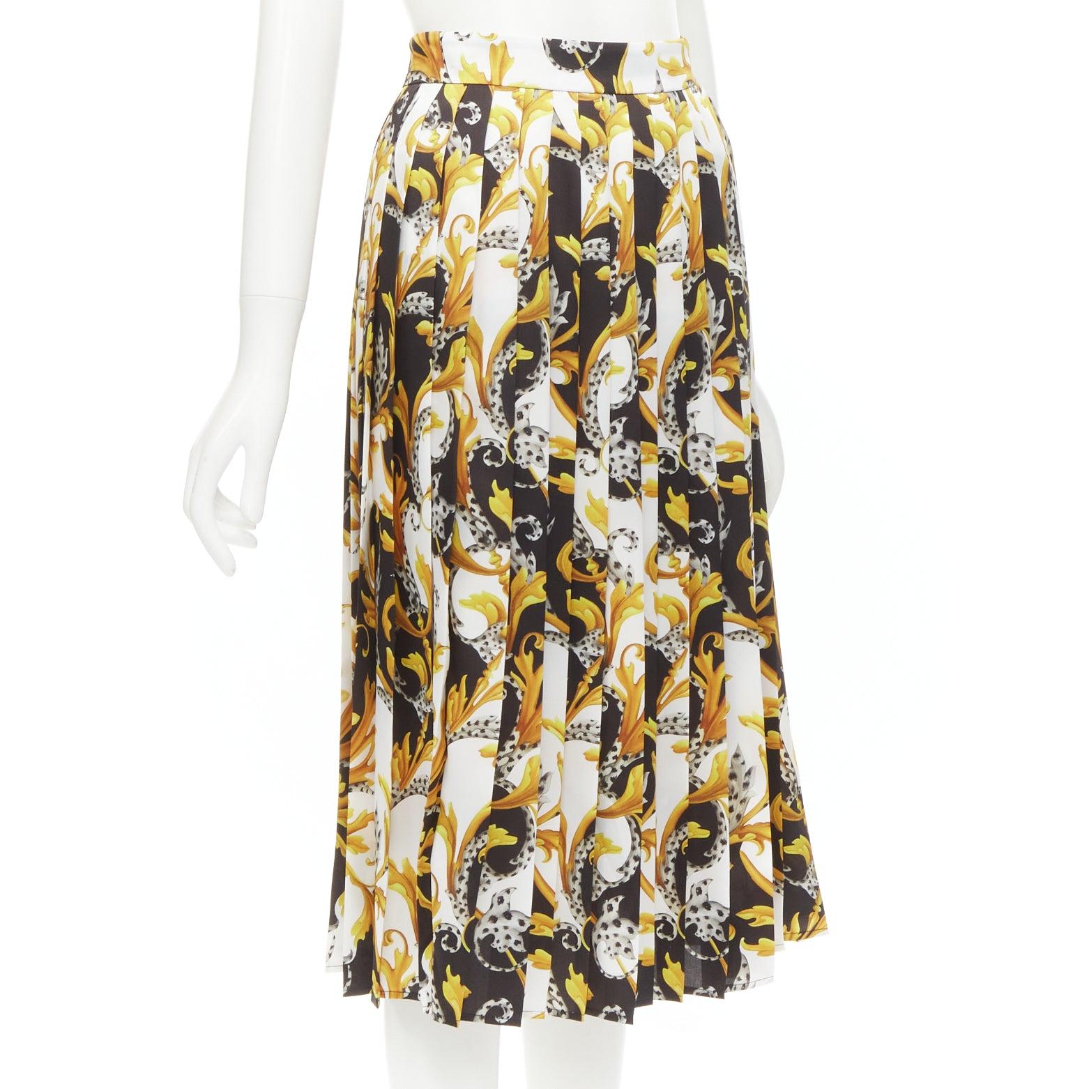 Brown VERSACE Barocco Acanthus black gold print pleated high slit skirt IT36 XS For Sale