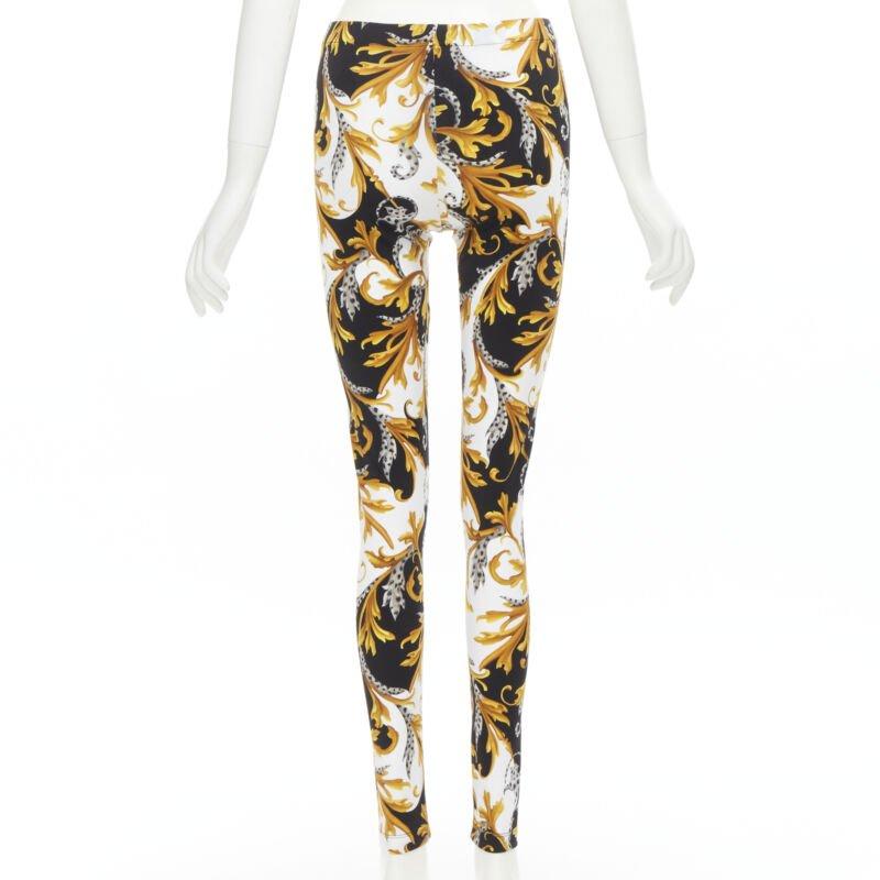 Women's VERSACE Barocco Acanthus black gold Signature floral legging pants IT38 XS For Sale