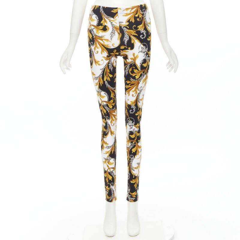 VERSACE Barocco Acanthus black gold Signature floral legging pants IT38 XS For Sale 4
