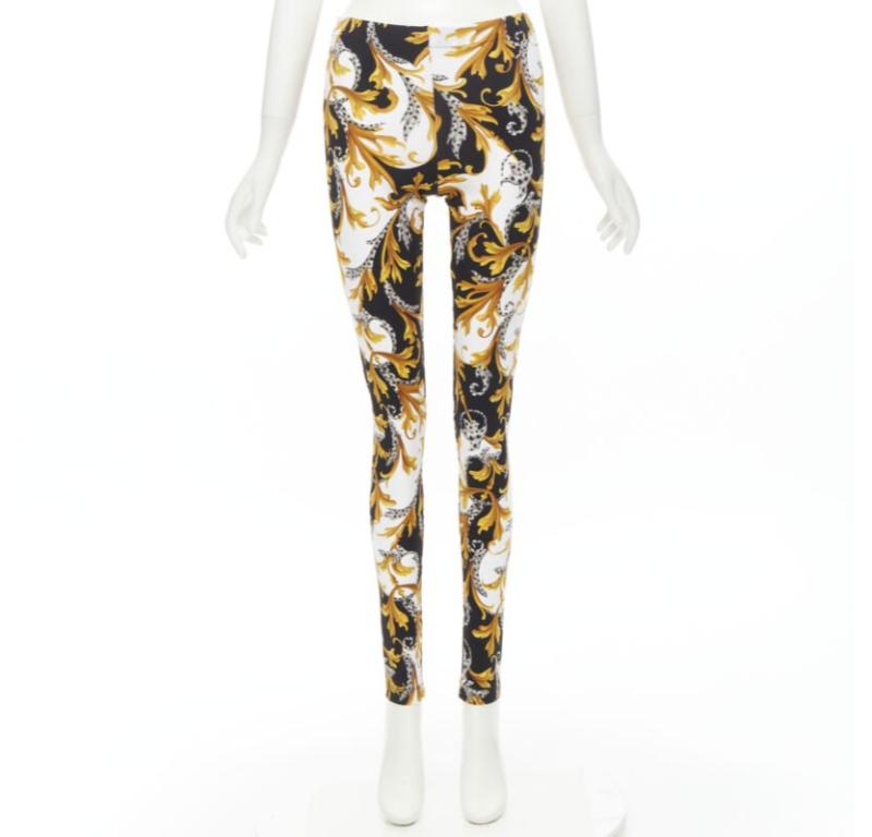 VERSACE Barocco Acanthus black gold Signature floral legging pants IT44 L For Sale 4
