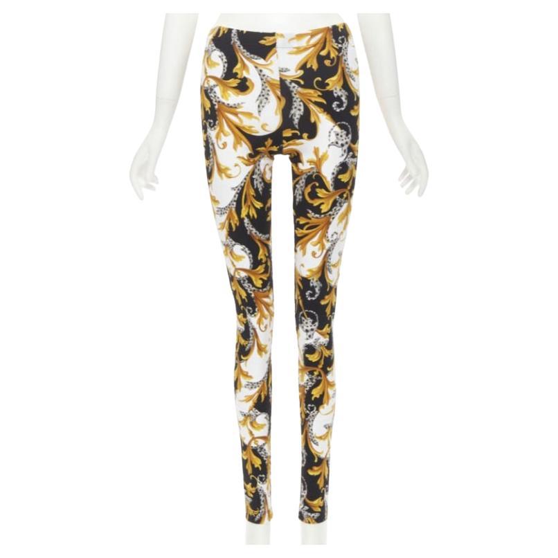 VERSACE Barocco Acanthus black gold Signature floral legging pants IT44 L For Sale