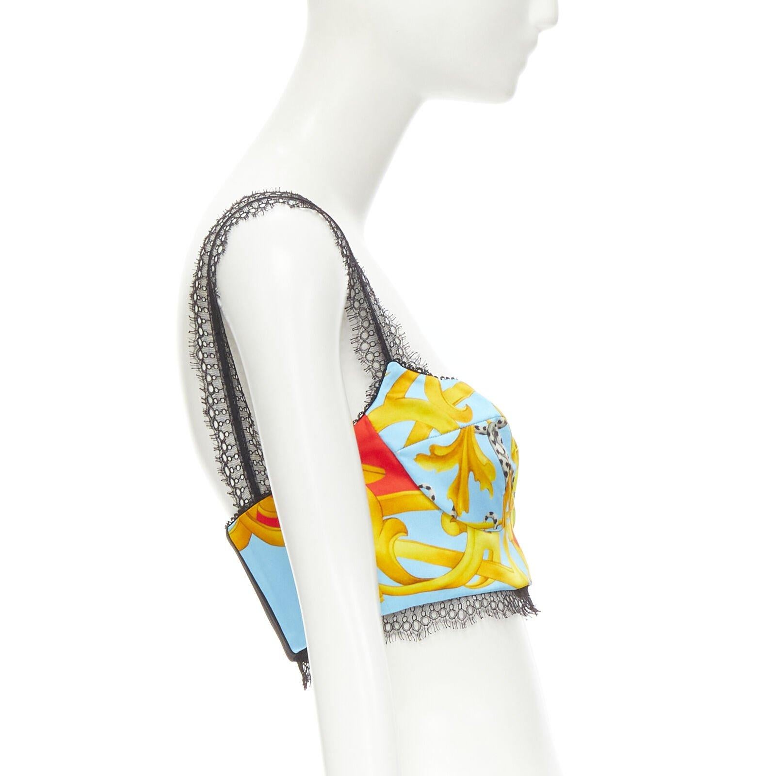 Women's VERSACE Barocco Acanthus Pop print lace trim boned bustier bra top IT38 XS