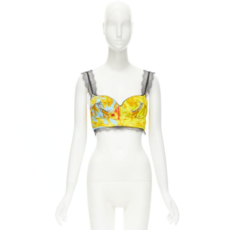 VERSACE Barocco Acanthus Pop print lace trim boned bustier bra top IT38 XS For Sale 4